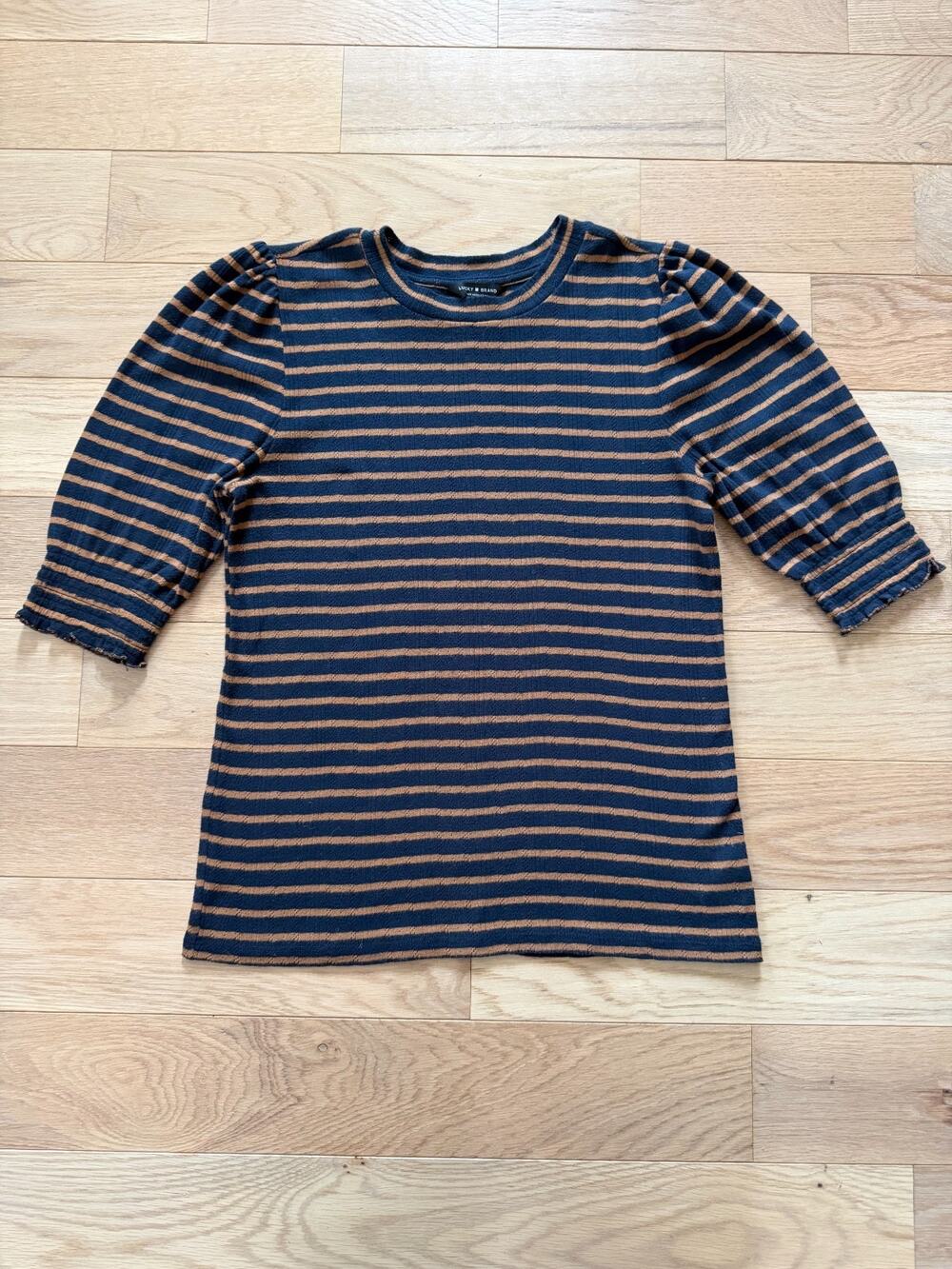 Lucky Brand Womens S Navy Brown Striped Short Puff Sleeve Knit Shirt